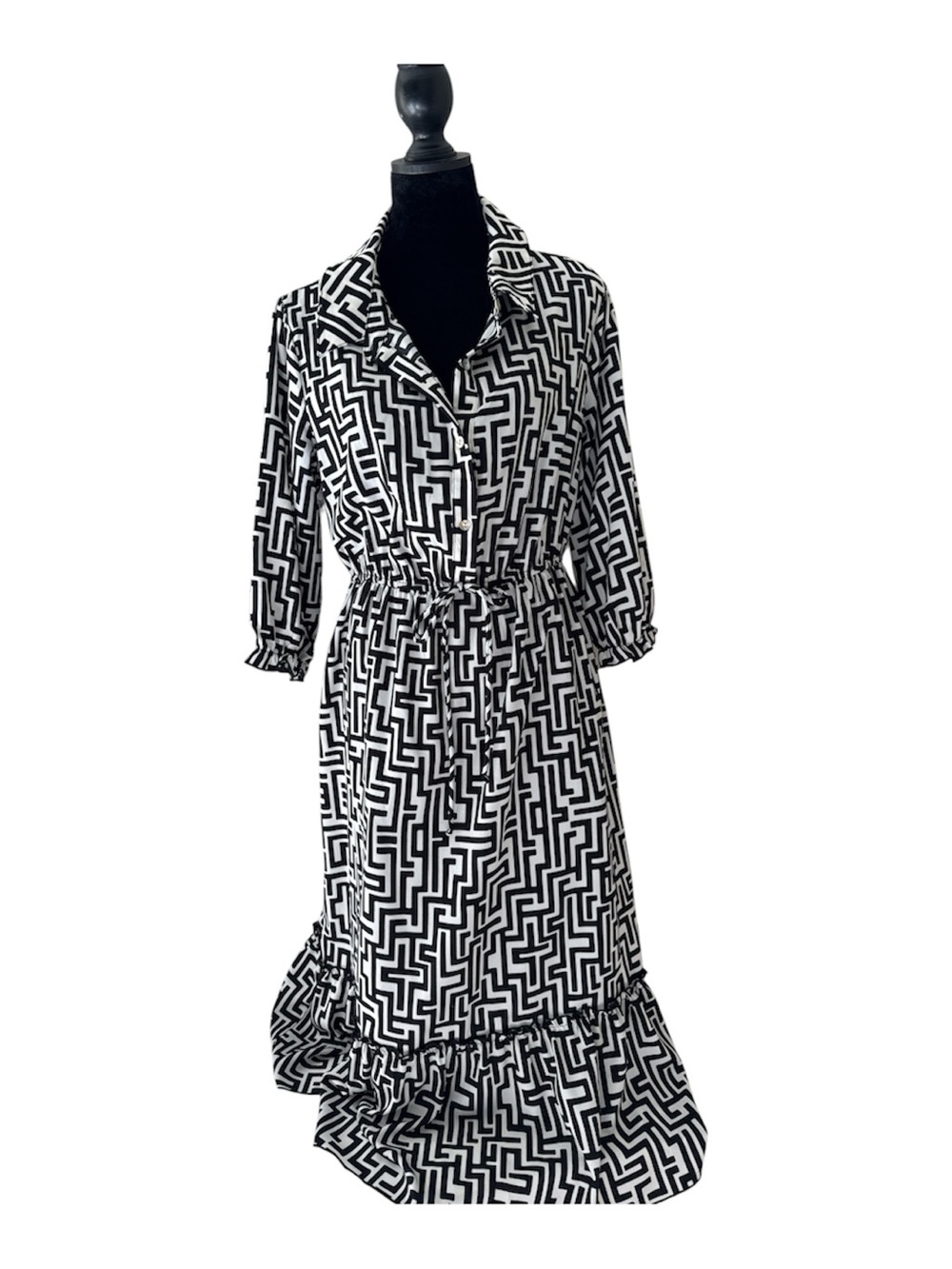 Black & White Geometric Print Long Sleeve Shirt Dress with Tie Waist
